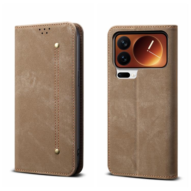 

For Xiaomi 17 Pro Max Denim Texture Casual Style Horizontal Flip Leather Case(Khaki)