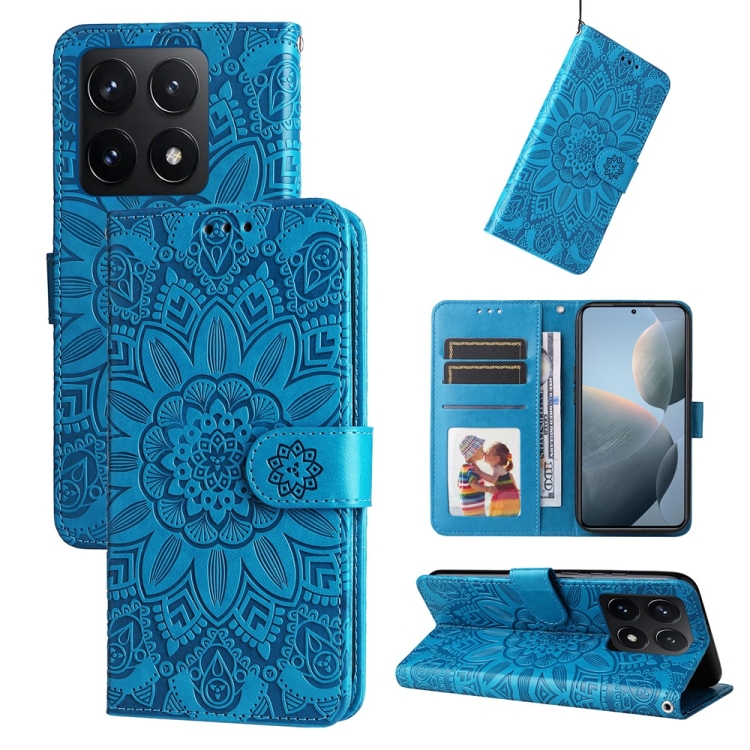 

For Xiaomi 14T Embossed Sunflower Leather Phone Case(Blue)