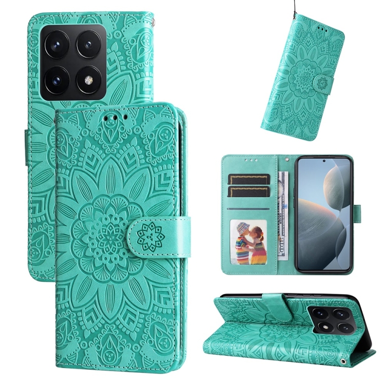 

For Xiaomi 14T Embossed Sunflower Leather Phone Case(Green)