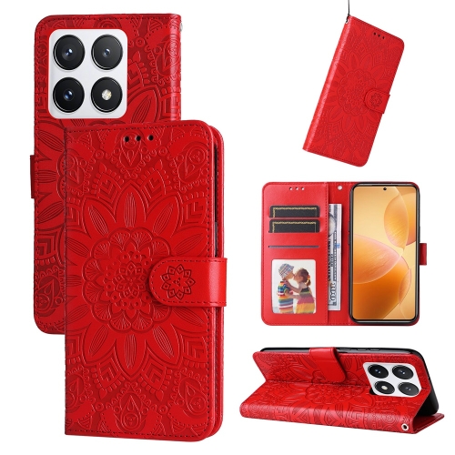 

For Xiaomi 14T Pro Embossed Sunflower Leather Phone Case(Red)