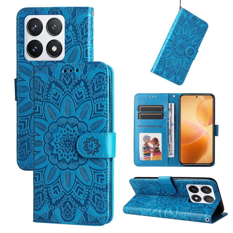 

For Xiaomi 14T Pro Embossed Sunflower Leather Phone Case(Blue)