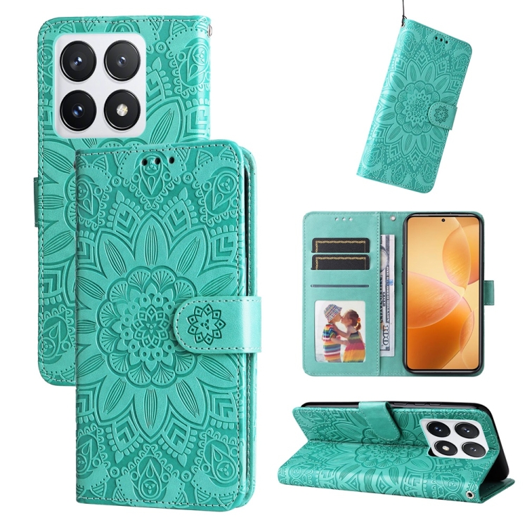 

For Xiaomi 14T Pro Embossed Sunflower Leather Phone Case(Green)