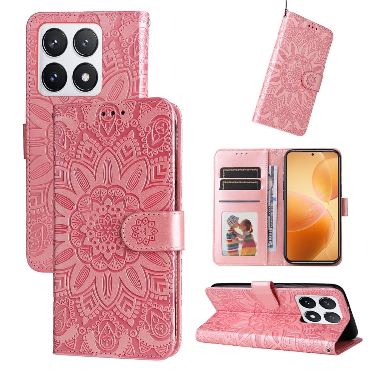 

For Xiaomi 14T Pro Embossed Sunflower Leather Phone Case(Pink)