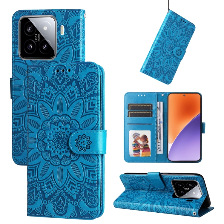 

For Xiaomi 15 Embossed Sunflower Leather Phone Case(Blue)