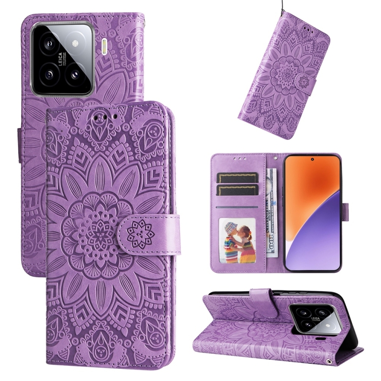 

For Xiaomi 15 Embossed Sunflower Leather Phone Case(Purple)