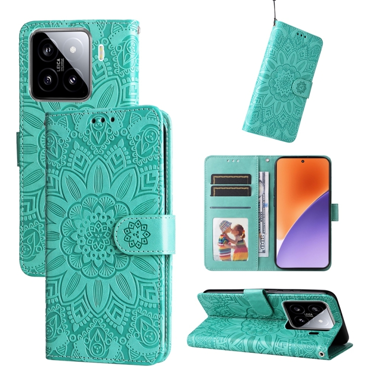 

For Xiaomi 15 Embossed Sunflower Leather Phone Case(Green)