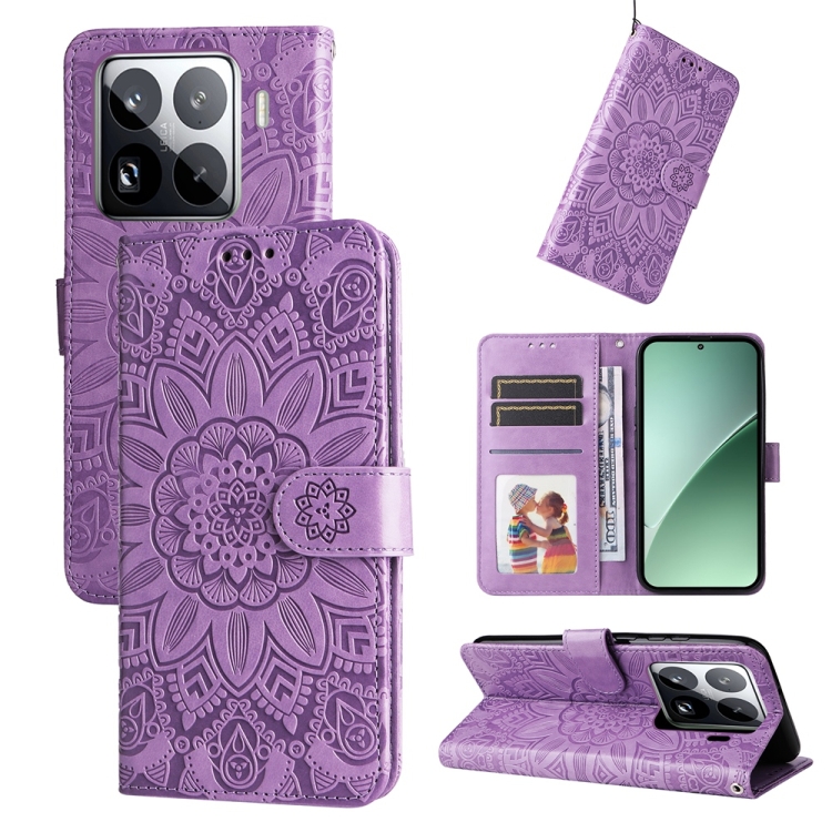 

For Xiaomi 15 Pro Embossed Sunflower Leather Phone Case(Purple)