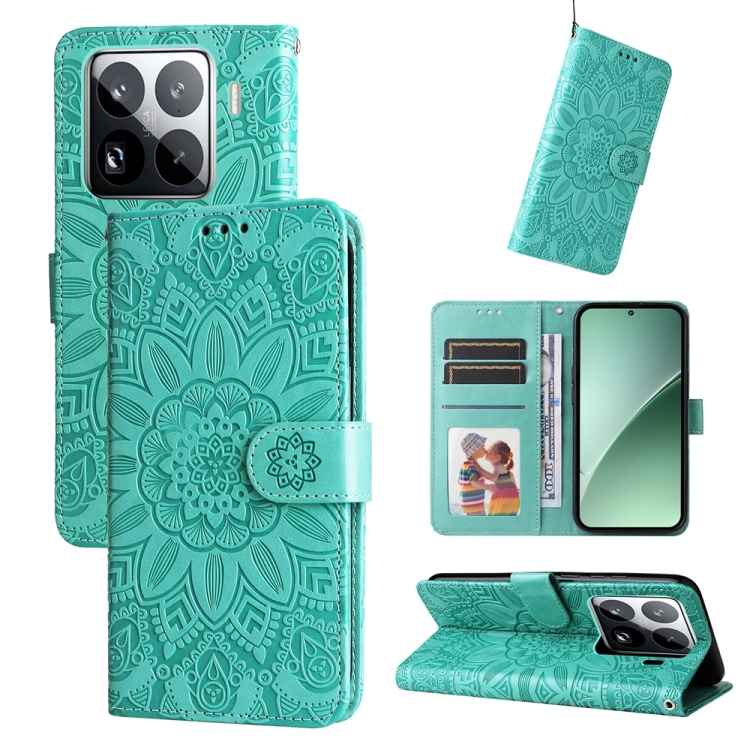 

For Xiaomi 15 Pro Embossed Sunflower Leather Phone Case(Green)