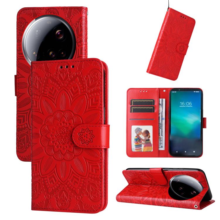 

For Xiaomi 15 Ultra Embossed Sunflower Leather Phone Case(Red)