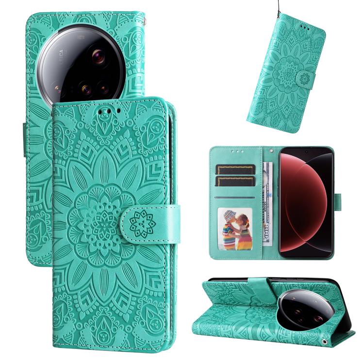 

For Xiaomi 15 Ultra Embossed Sunflower Leather Phone Case(Green)