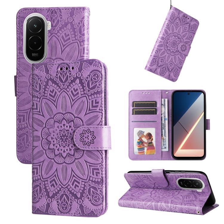 

For Xiaomi Poco M7 4G 169mm Embossed Sunflower Leather Phone Case(Purple)
