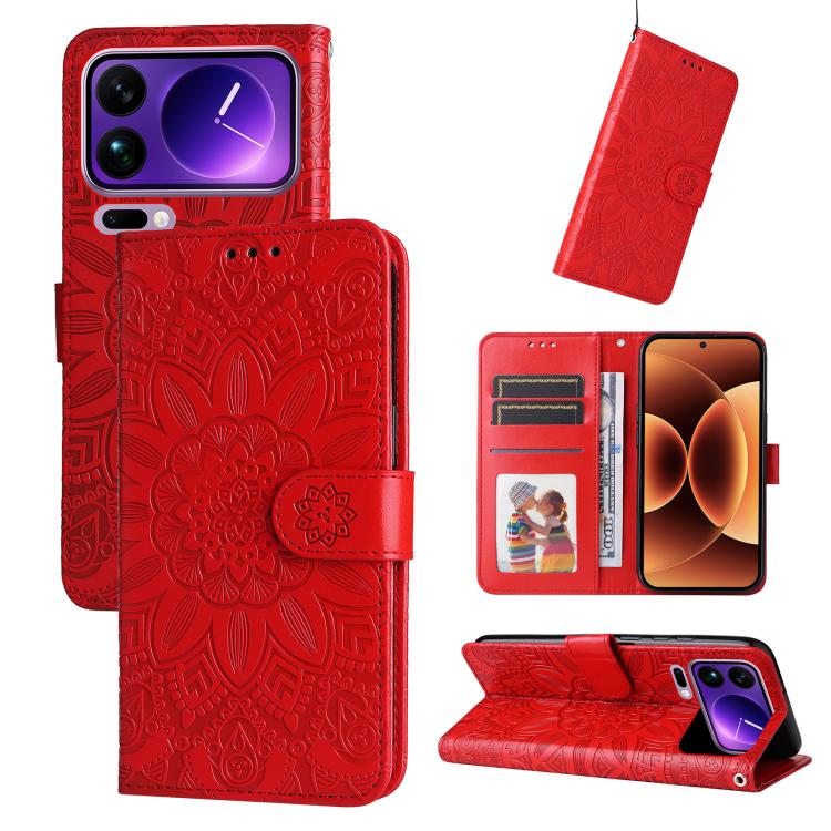 

For Xiaomi 17 Pro Max Embossed Sunflower Leather Phone Case(Red)