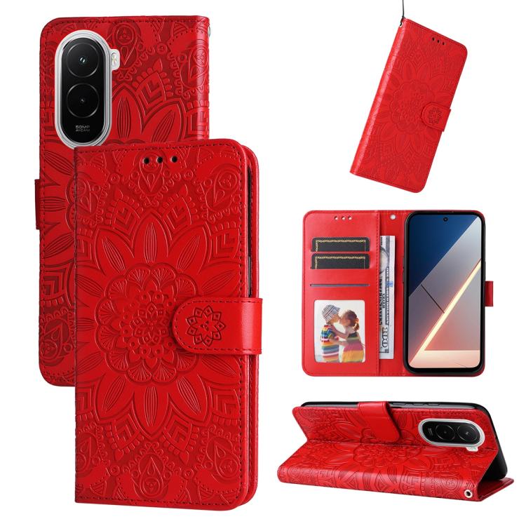 

For Xiaomi Poco M7 4G 171mm Embossed Sunflower Leather Phone Case(Red)