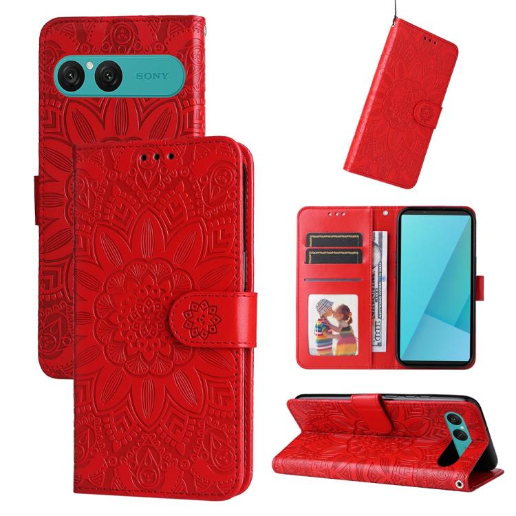 

For Sony Xperia 10 VII Embossed Sunflower Leather Phone Case(Red)
