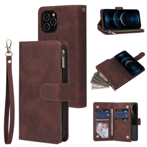 

For iPhone 12 Pro Max Multifunctional Retro Frosted Horizontal Flip Leather Case with Card Slot & Holder & Zipper Wallet & Photo Frame & Lanyard(Coffee)