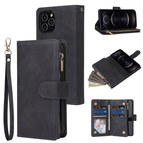 

For iPhone 12 / 12 Pro Multifunctional Retro Frosted Horizontal Flip Leather Case with Card Slot & Holder & Zipper Wallet & Photo Frame & Lanyard(Black)