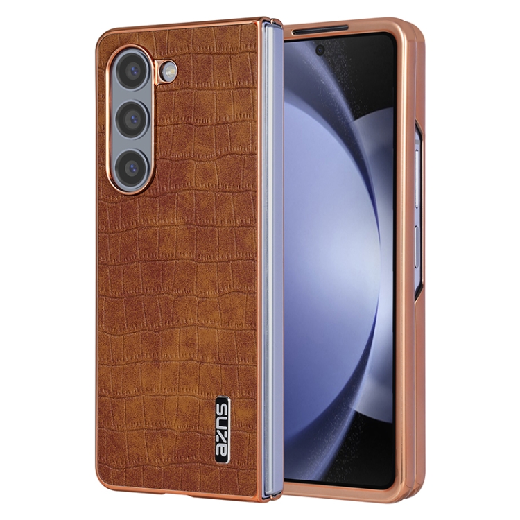 

For Samsung Galaxy Z Fold6 AZNS Electroplated Frame Crocodile Texture Full Coverage Phone Case(Brown)