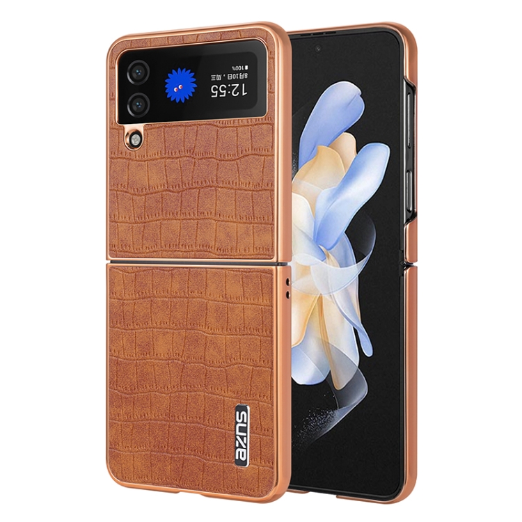 

For Samsung Galaxy Z Flip4 5G AZNS Electroplated Frame Crocodile Texture Full Coverage Phone Case(Brown)