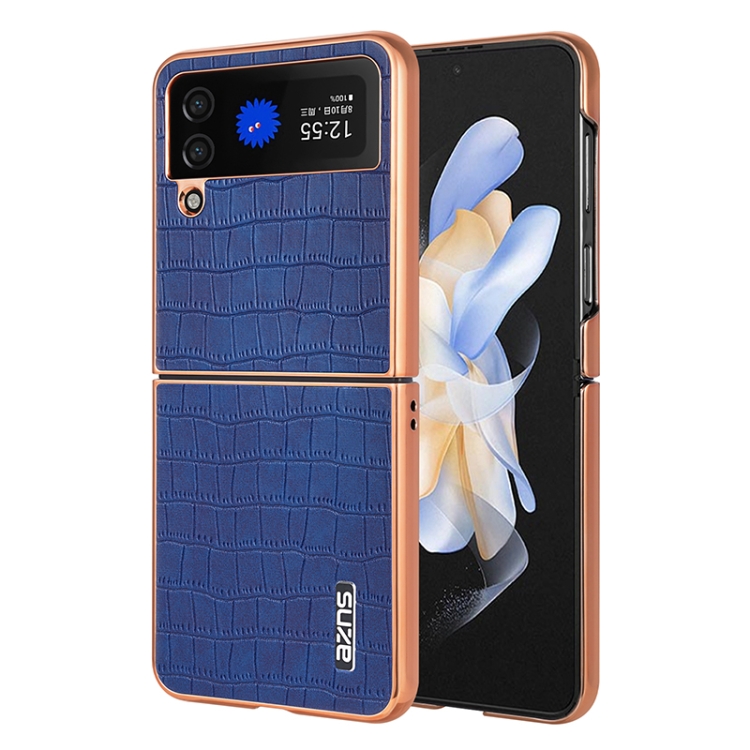 

For Samsung Galaxy Z Flip4 5G AZNS Electroplated Frame Crocodile Texture Full Coverage Phone Case(Blue)
