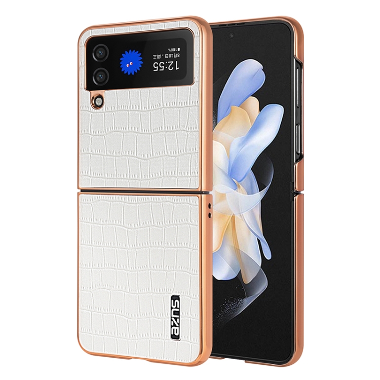 

For Samsung Galaxy Z Flip4 5G AZNS Electroplated Frame Crocodile Texture Full Coverage Phone Case(White)