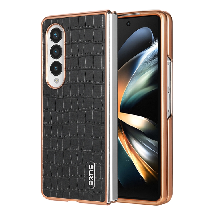 

For Samsung Galaxy Z Fold4 5G AZNS Electroplated Frame Crocodile Texture Full Coverage Phone Case(Black)