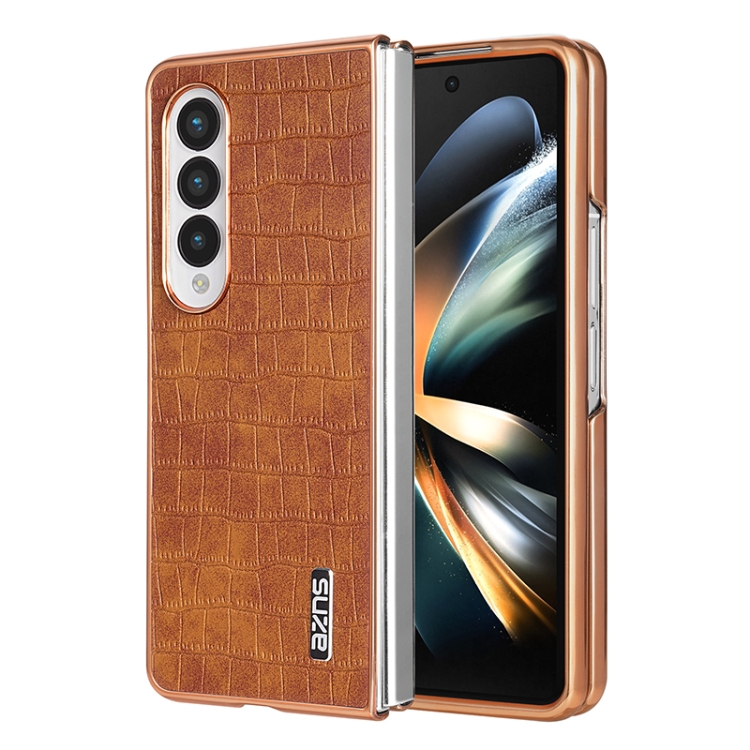 

For Samsung Galaxy Z Fold4 5G AZNS Electroplated Frame Crocodile Texture Full Coverage Phone Case(Brown)