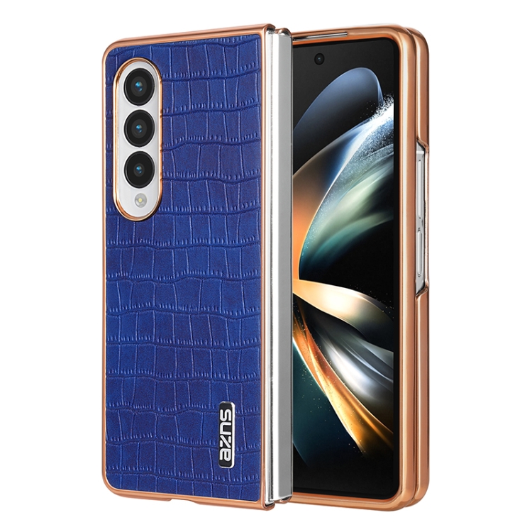 

For Samsung Galaxy Z Fold3 5G AZNS Electroplated Frame Crocodile Texture Full Coverage Phone Case(Blue)