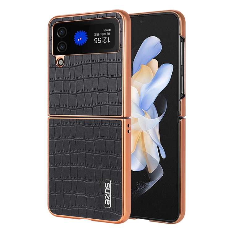 

For Samsung Galaxy Z Flip3 5G AZNS Electroplated Frame Crocodile Texture Full Coverage Phone Case(Black)