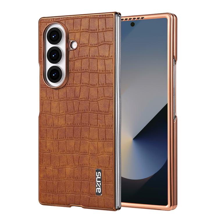

For Samsung Galaxy Z Fold7 5G AZNS Electroplated Frame Crocodile Texture Full Coverage Phone Case(Brown)