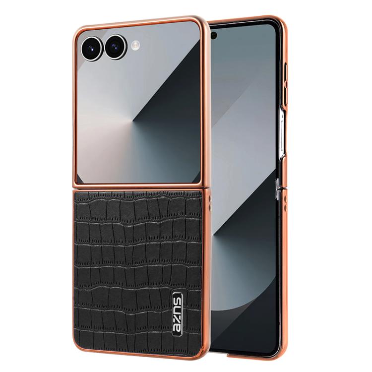 

For Samsung Galaxy Z Flip7 5G AZNS Electroplated Frame Crocodile Texture Full Coverage Phone Case(Black)