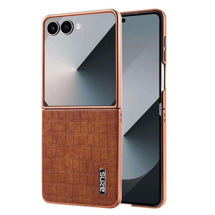 

For Samsung Galaxy Z Flip7 5G AZNS Electroplated Frame Crocodile Texture Full Coverage Phone Case(Brown)