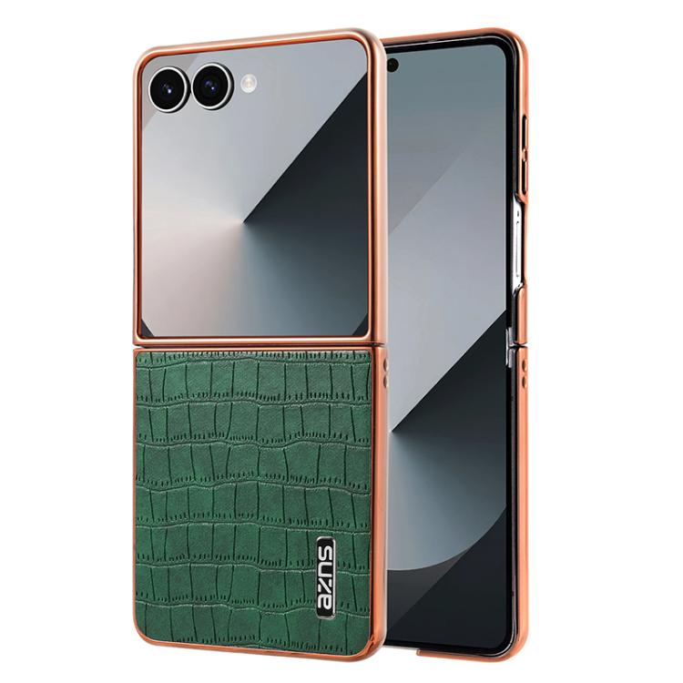 

For Samsung Galaxy Z Flip7 5G AZNS Electroplated Frame Crocodile Texture Full Coverage Phone Case(Green)