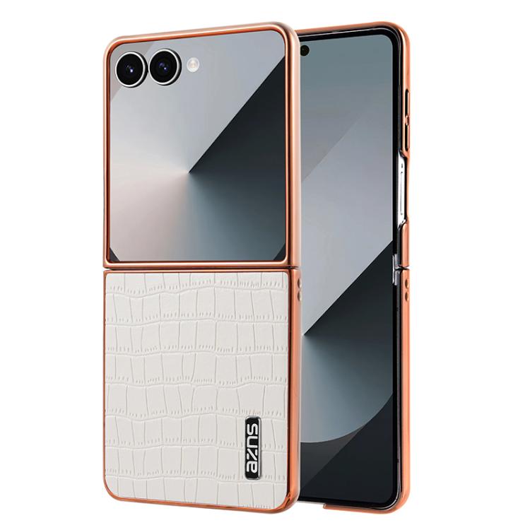 

For Samsung Galaxy Z Flip7 5G AZNS Electroplated Frame Crocodile Texture Full Coverage Phone Case(White)