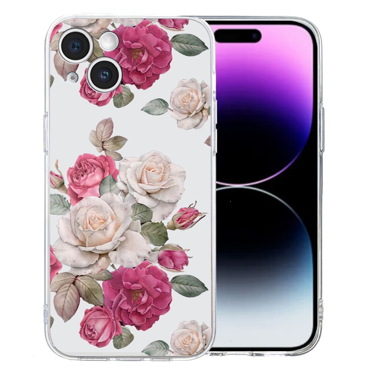

For iPhone 15 Colored Drawing Pattern Transparent TPU Phone Case(Peony)