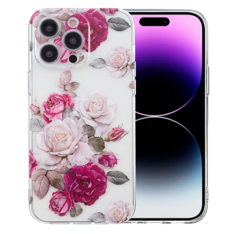 

For iPhone 15 Pro Colored Drawing Pattern Transparent TPU Phone Case(Peony)