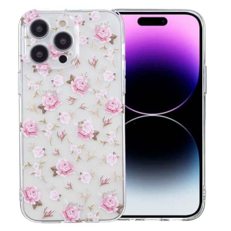 

For iPhone 15 Pro Colored Drawing Pattern Transparent TPU Phone Case(Pink Floral)