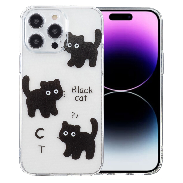 

For iPhone 15 Pro Colored Drawing Pattern Transparent TPU Phone Case(Black Cat)