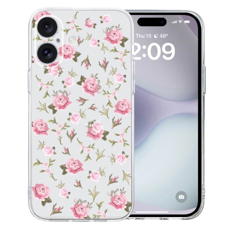 

For iPhone 16 Colored Drawing Pattern Transparent TPU Phone Case(Pink Floral)