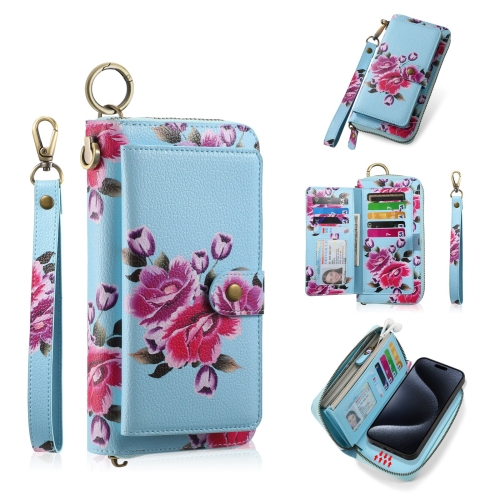 

For iPhone 15 POLA MagSafe Flower Multi-functional Zipper Wallet Leather Phone Case(Sky Blue)