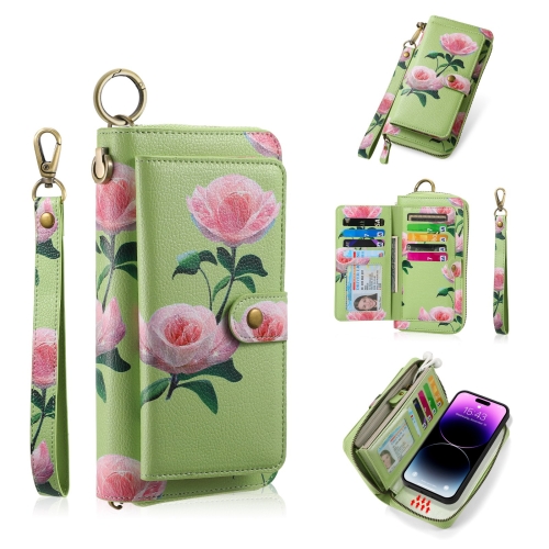 

For iPhone 14 Plus POLA MagSafe Flower Multi-functional Zipper Wallet Leather Phone Case(Green)