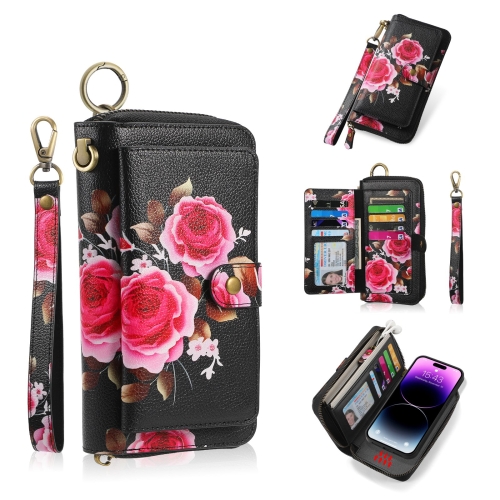 

For iPhone 14 POLA MagSafe Flower Multi-functional Zipper Wallet Leather Phone Case(Black)