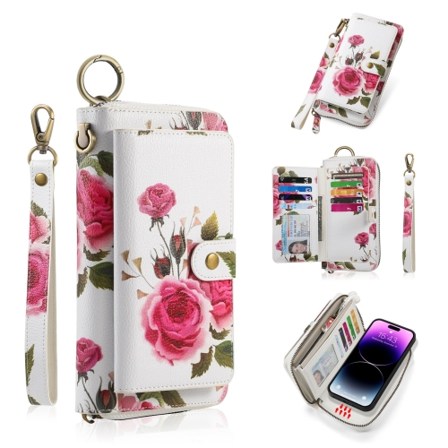 

For iPhone 14 Pro POLA MagSafe Flower Multi-functional Zipper Wallet Leather Phone Case(Beige)