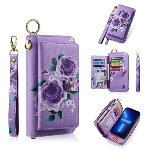 

For iPhone 13 Pro Max POLA MagSafe Flower Multi-functional Zipper Wallet Leather Phone Case(Purple)