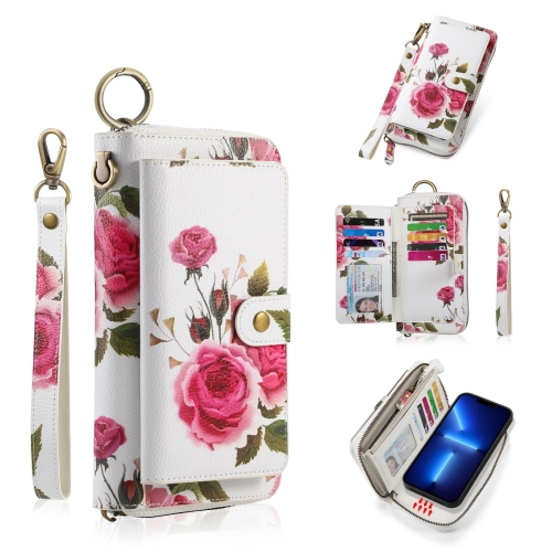 

For iPhone 13 Pro POLA MagSafe Flower Multi-functional Zipper Wallet Leather Phone Case(Beige)