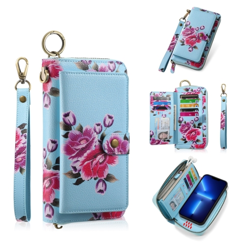 

For iPhone 13 POLA MagSafe Flower Multi-functional Zipper Wallet Leather Phone Case(Sky Blue)