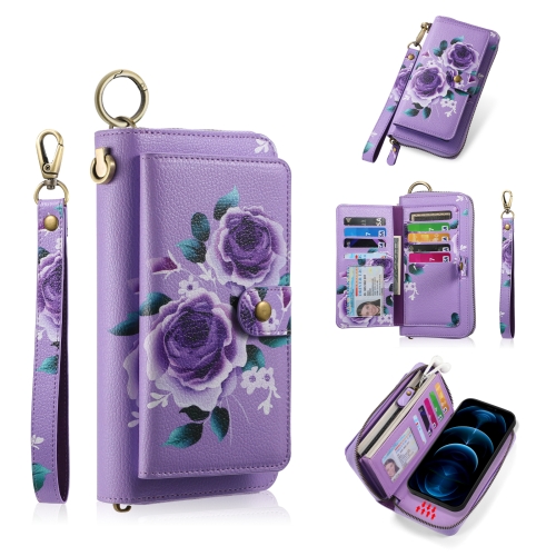 

For iPhone 12 Pro Max POLA MagSafe Flower Multi-functional Zipper Wallet Leather Phone Case(Purple)