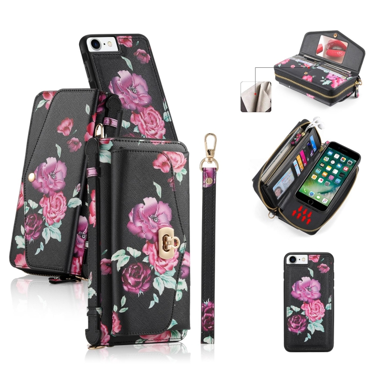 

For iPhone 7 / 8 / SE 2022 POLA Flower Multi-functional Crossbody Zipper Wallet Leather Phone Case(Black)