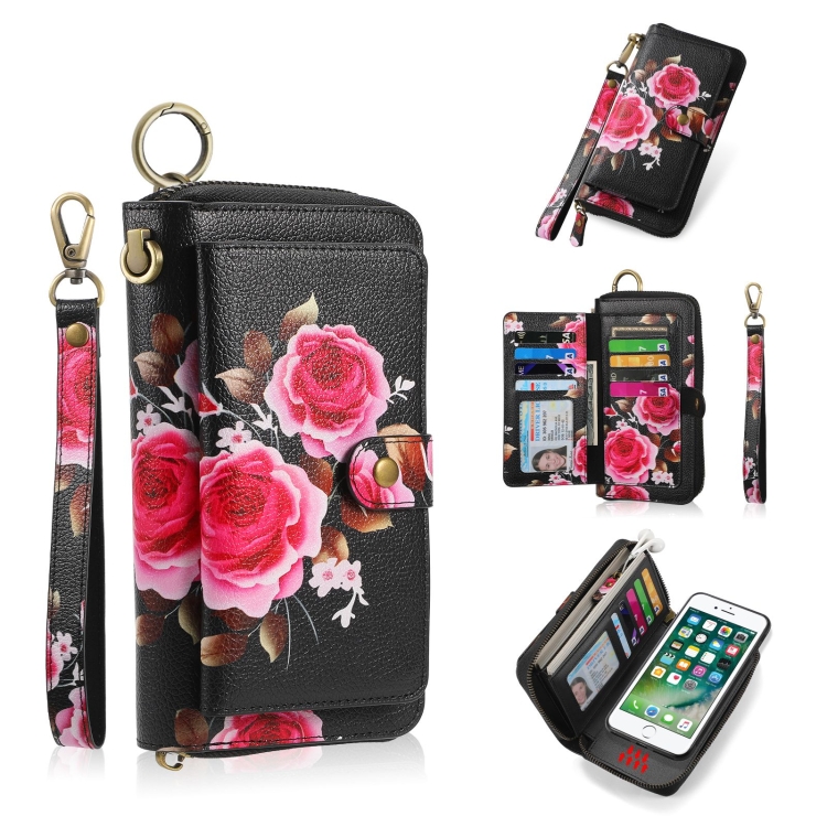 

For iPhone 7 / 8 / SE 2022 POLA Flower Multi-functional Zipper Wallet Leather Phone Case(Black)
