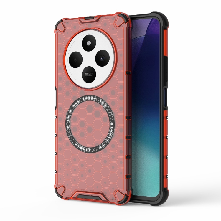 

For Redmi 14C 4G Global Honeycomb Magnetic Ring Shockproof Phone Case(Red)