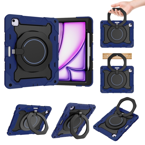 

For iPad Air 13 2024 Armor Portable Rotating Ring Holder Silicone Tablet Case with Pen Slot(Navy Blue)